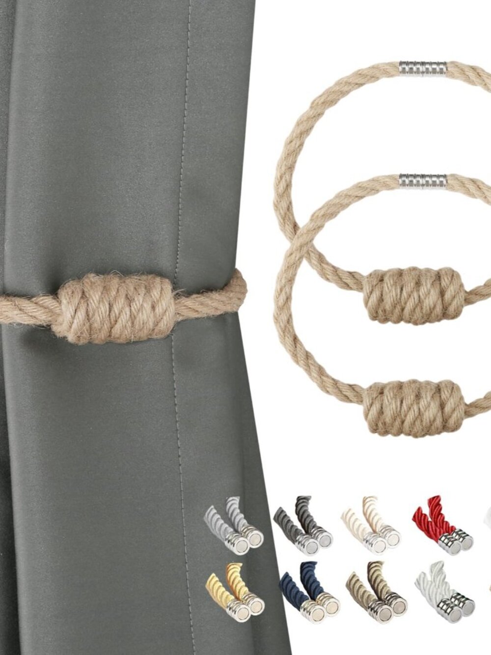 Magnetic Jute Curtain Tiebacks, Decorative Drapery Holdbacks Bohemian Style Wove